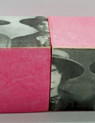 Deborah Whitney, Flash Fiction: Suffragette, encaustic wax on decoupaged paper, each 2.5”x2.5”