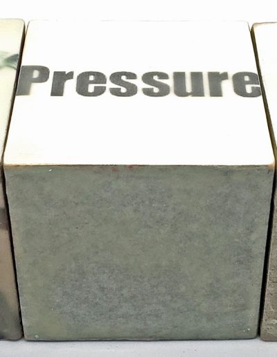 Deborah Whitney, Flash Fiction: Pressure, encaustic wax on decoupaged paper, each 2.5”x2.5”