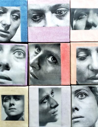 Deborah Whitney, Flash Fiction: Joanx9, encaustic wax on collage decoupaged paper, 12”x12”x1”