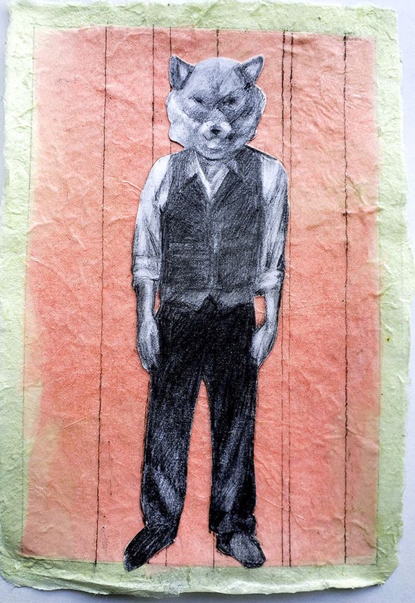 Fox, 2019, graphite collage on tissue and Japanese rice paper, 7”x5”