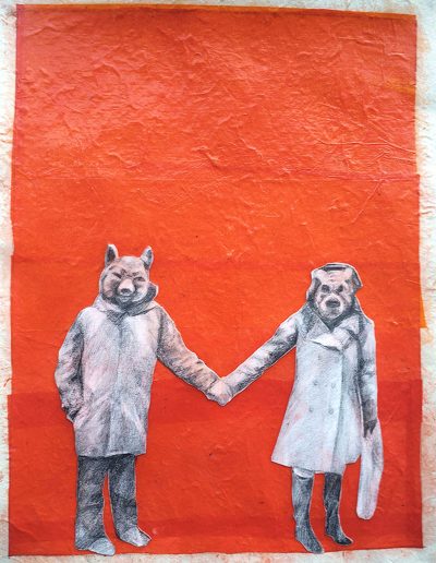Friends, 2019, graphite collage on tissue and Japanese rice paper, 7”x5”