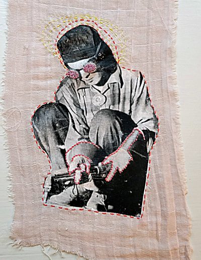 Deborah Whitney Looking at the World Through Rose Colored Goggles #10, 2022, embroidery thread and photo transfer on diaper cloth