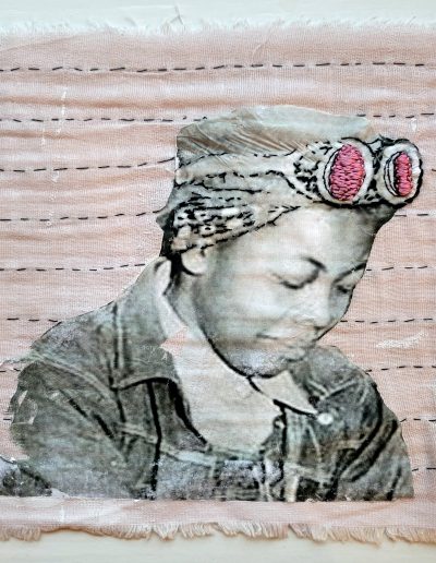 Deborah Whitney Looking at the World Through Rose Colored Goggles #6 2022, embroidery thread and photo transfer on diaper cloth
