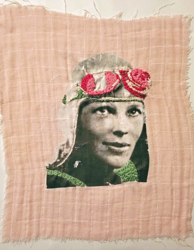 Deborah Whitney Looking at the World Through Rose Colored Goggles #15, 2022, embroidery thread and photo transfer on diaper cloth