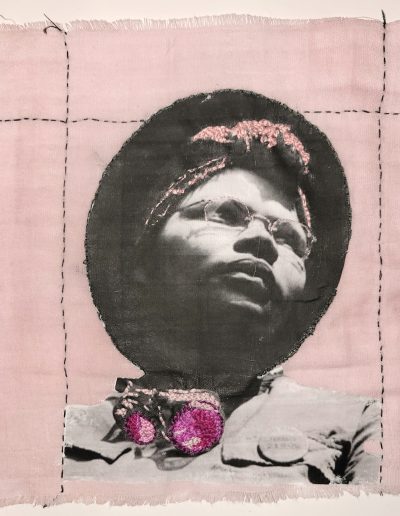 Deborah Whitney Looking at the World Through Rose Colored Goggles #6, 2022, embroidery thread and photo transfer on diaper cloth